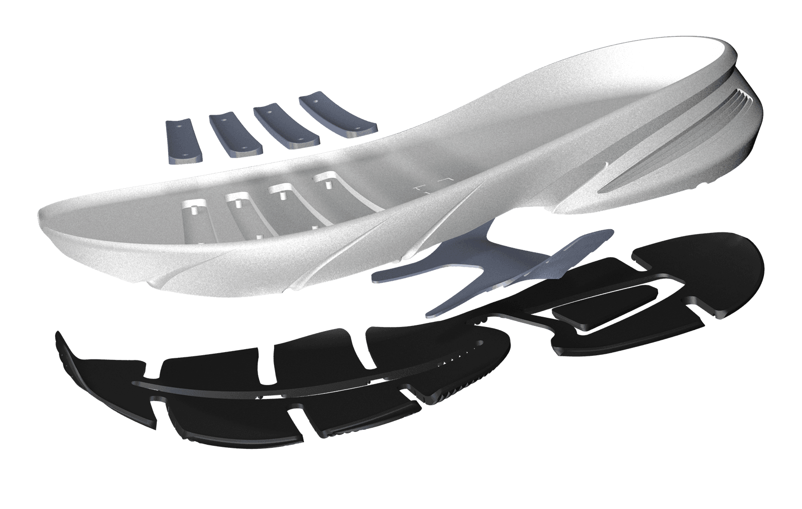 Exploded FIRMO sole: strut array, midsole, bridge element and outsole as separate parts